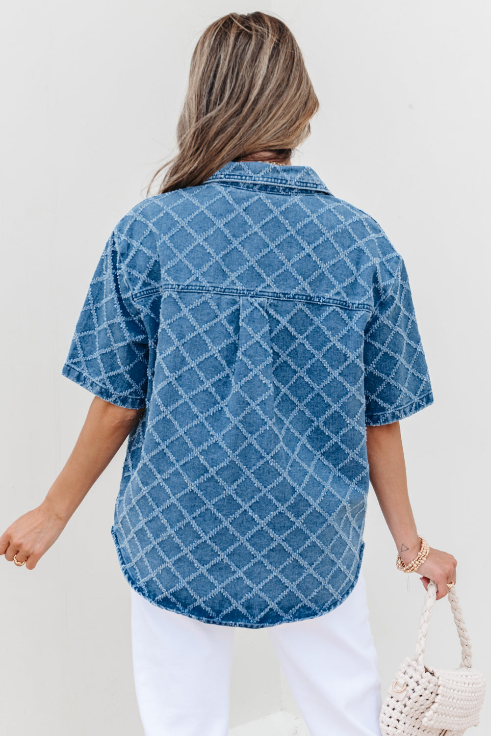 Dusk Blue Checkered Textured Short Sleeve Patched Pocket Denim Shirt eAura