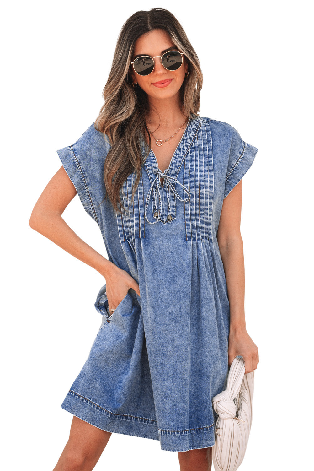 Beau Blue Tie V-Neck Tucking Detail Short Sleeve Denim Shift Dress - eAura