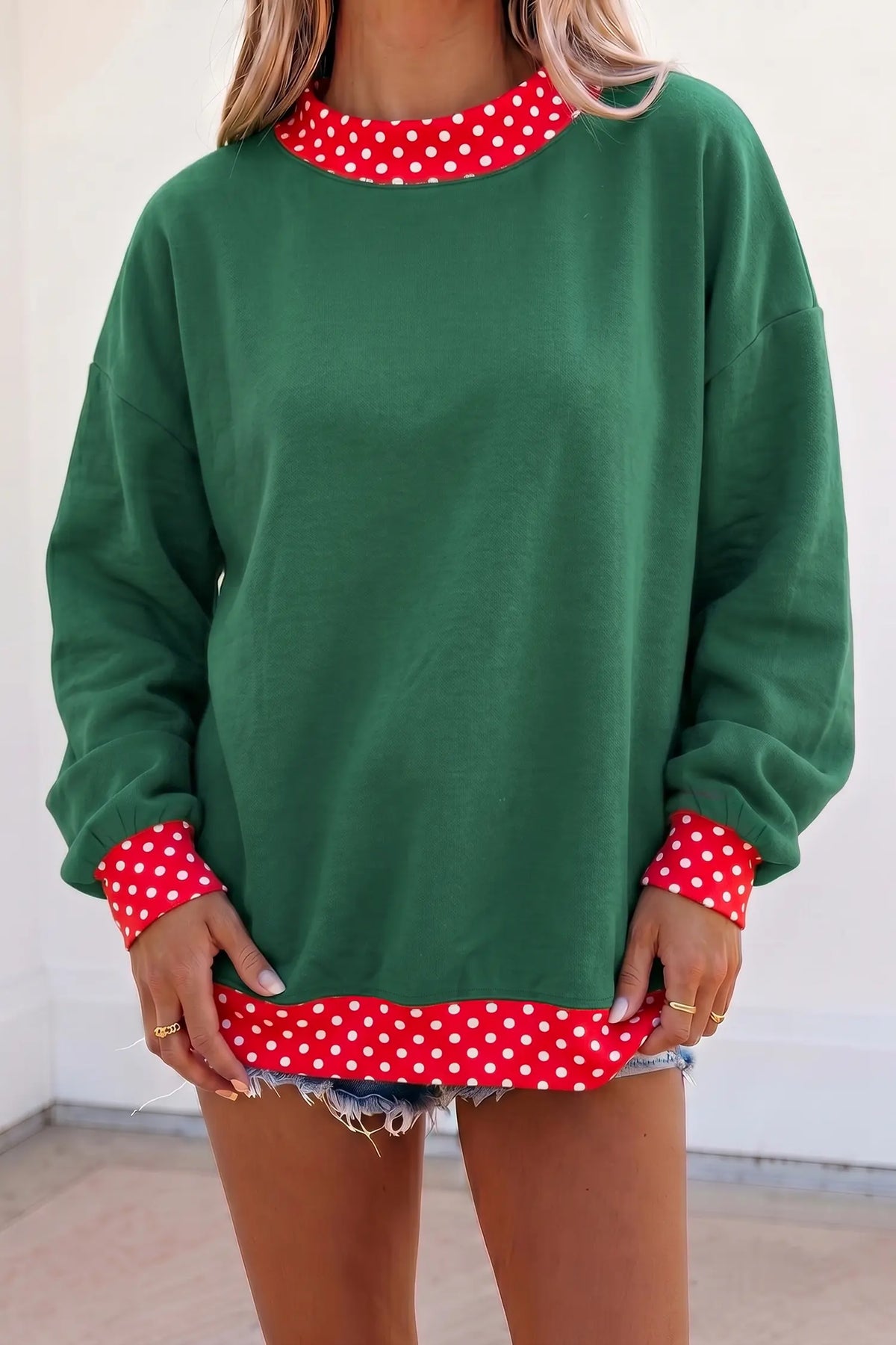 Colourblock Polka Dot Contrast Trim Oversized Sweatshirt – Dark Green