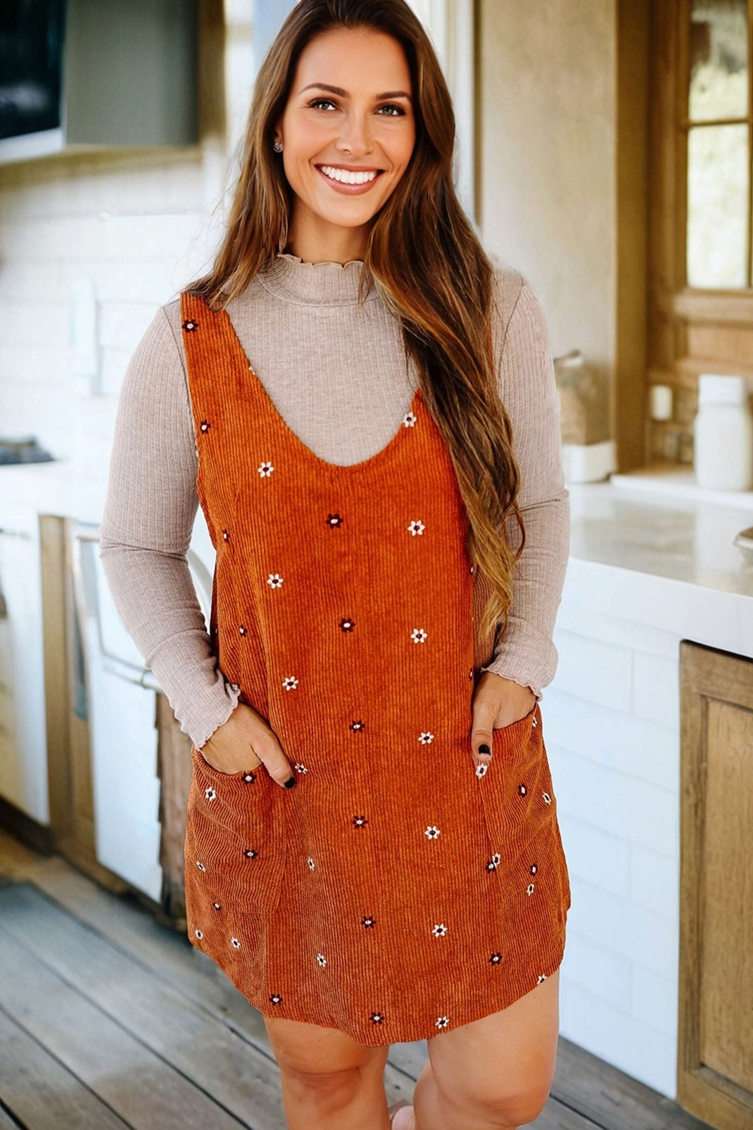 Flower Embroidered Corduroy Overall Mini Dress - eAura