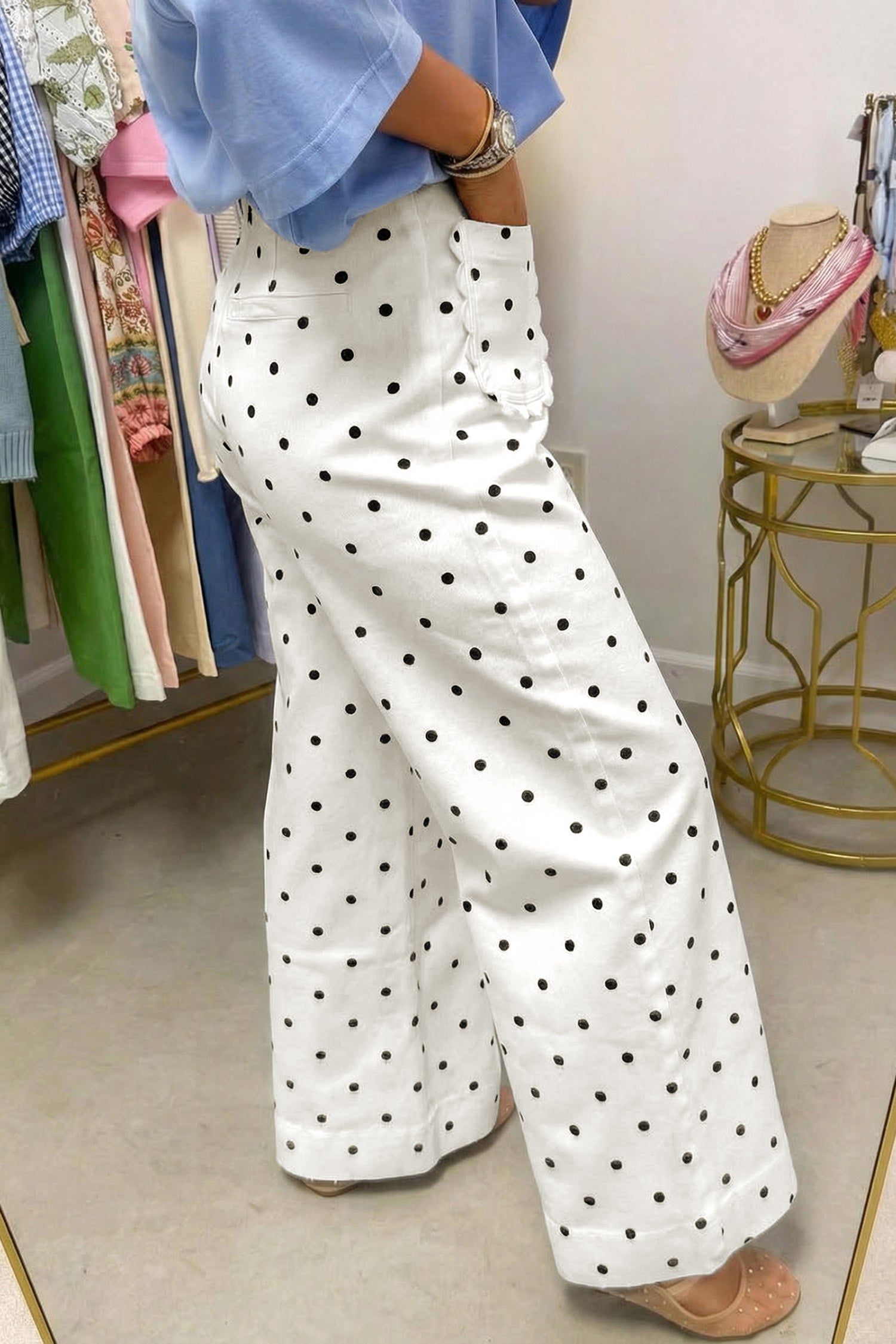 White Polka Dot Scalloped Pocket Cotton Shift Pants