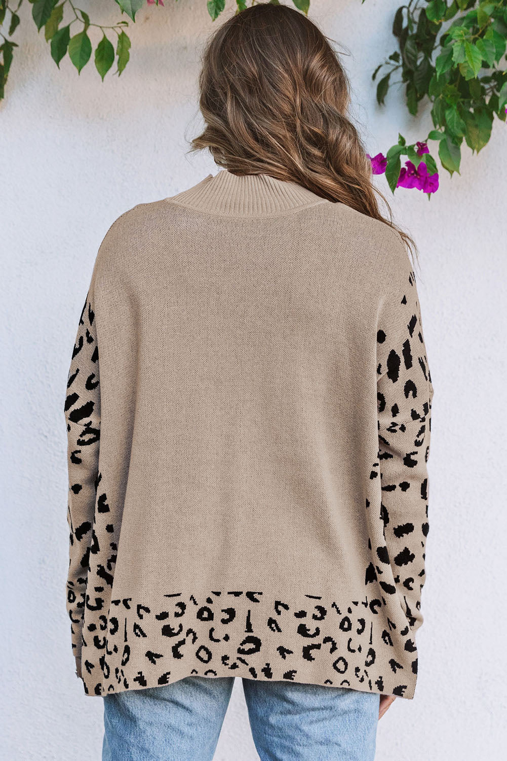 Grey Leopard High Neck Side Slit Oversized Sweater eAura