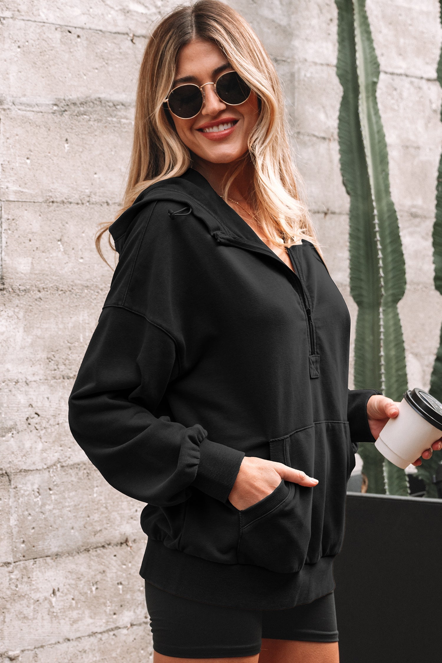 Half Zip Kangaroo Pocket Mineral Wash Baggy Hoodie - Tops/Sweatshirts & Hoodies