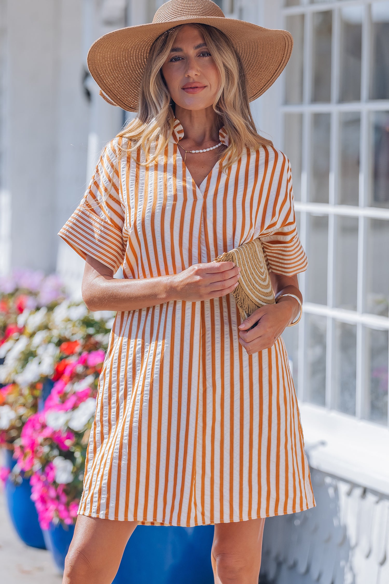 Stripe Pinched V-Neck Turn-Up Cuff Shift Mini Dress