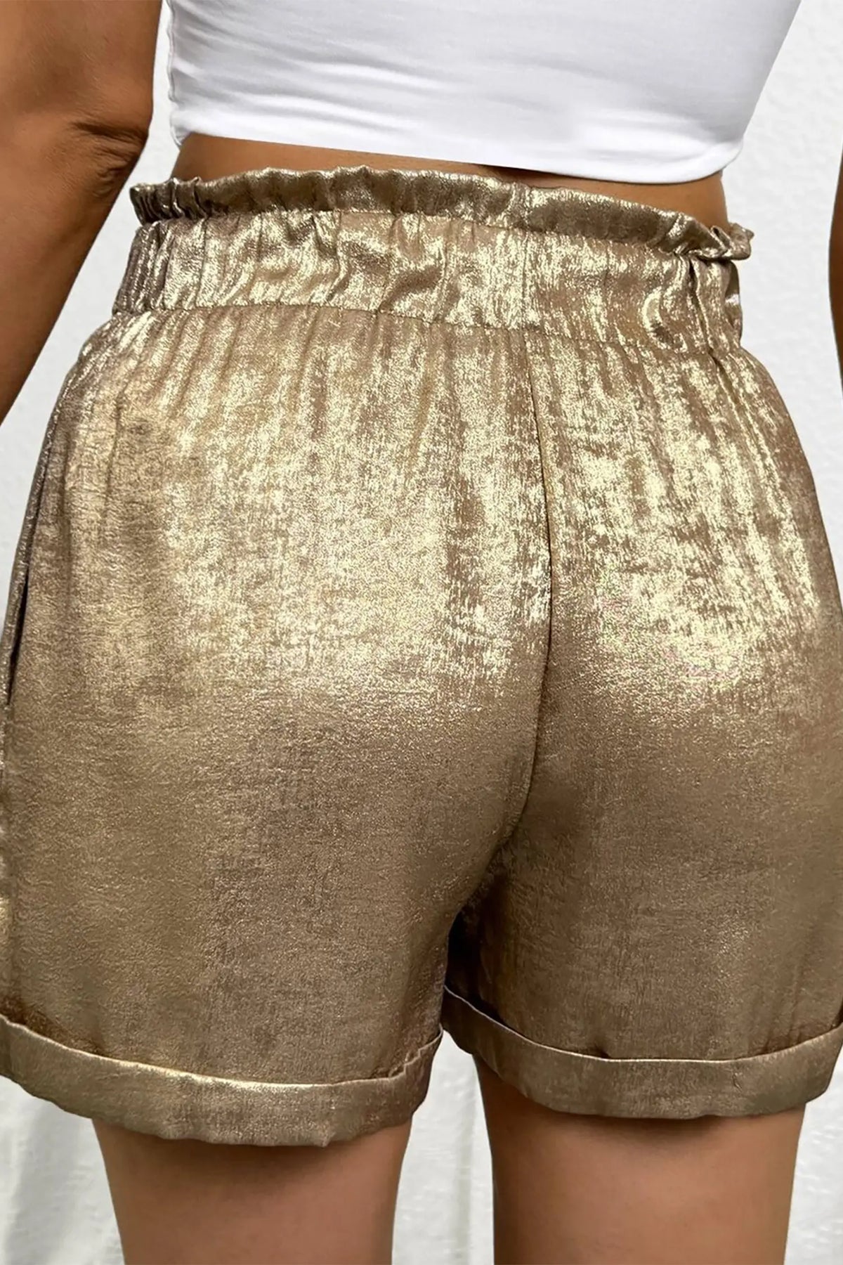Metallic Luster Tie Elastic Waist Cuffed Hem Shorts