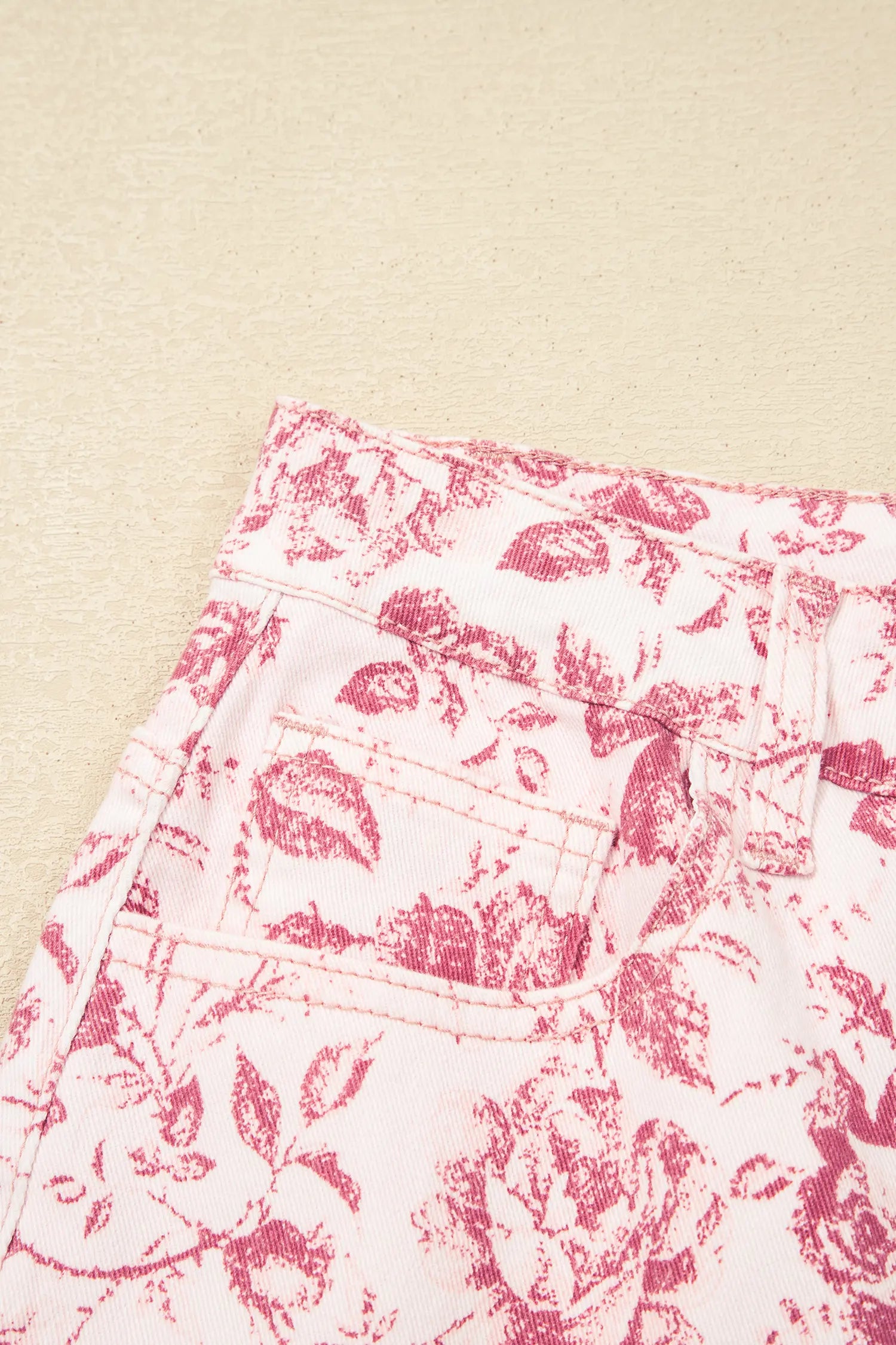 Pink Vintage Floral Print Denim Shift Pants