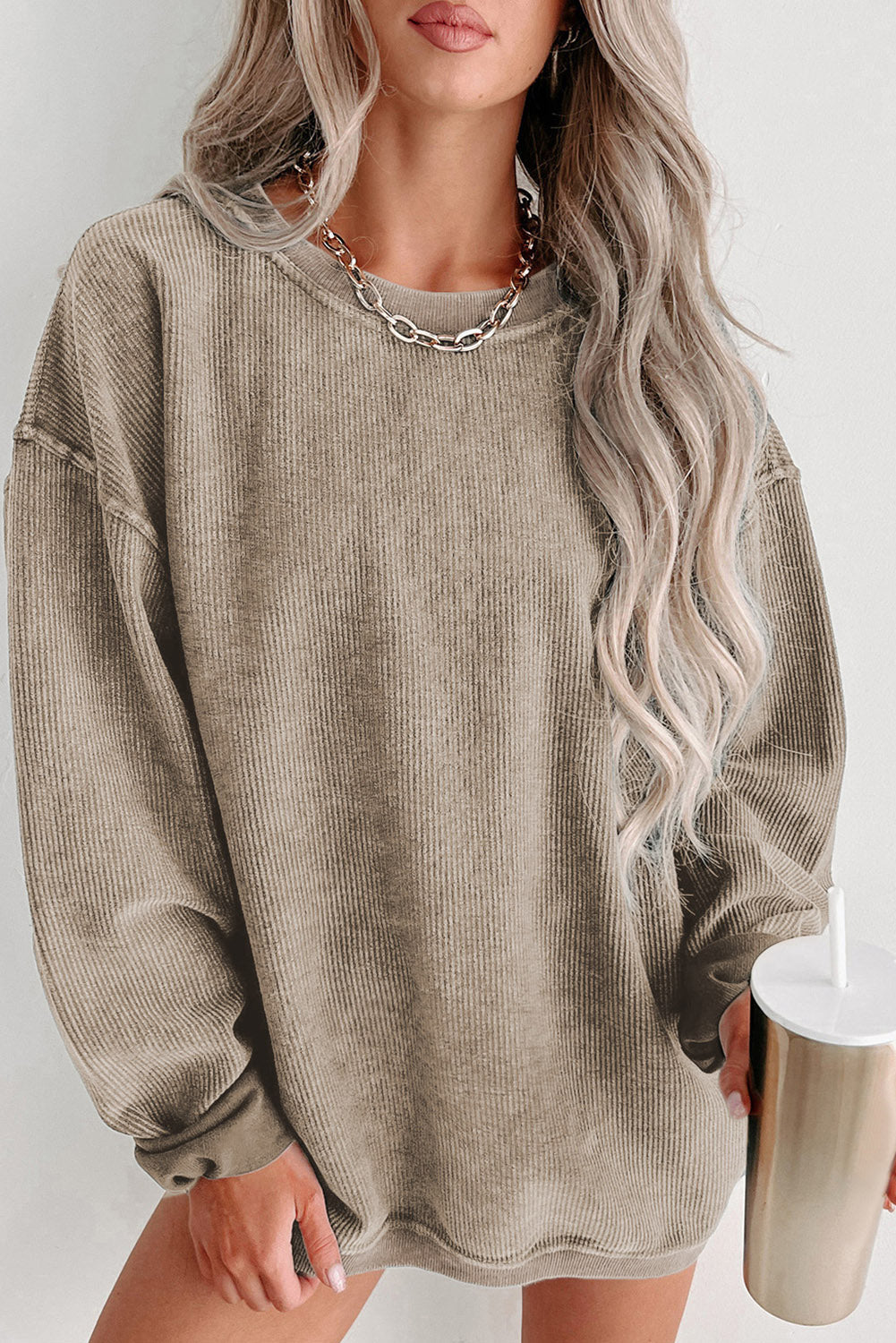 Green Solid Ribbed Knit Round Neck Pullover Sweatshirt eAura