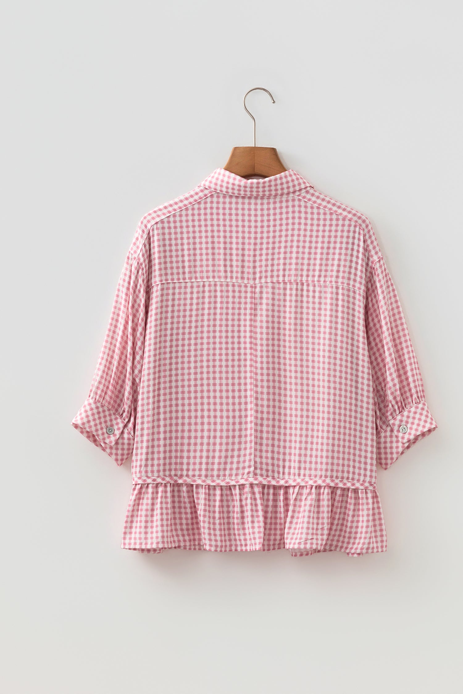 Plaid Half Sleeve Ruffle Hem Button Down Shirt – Pink