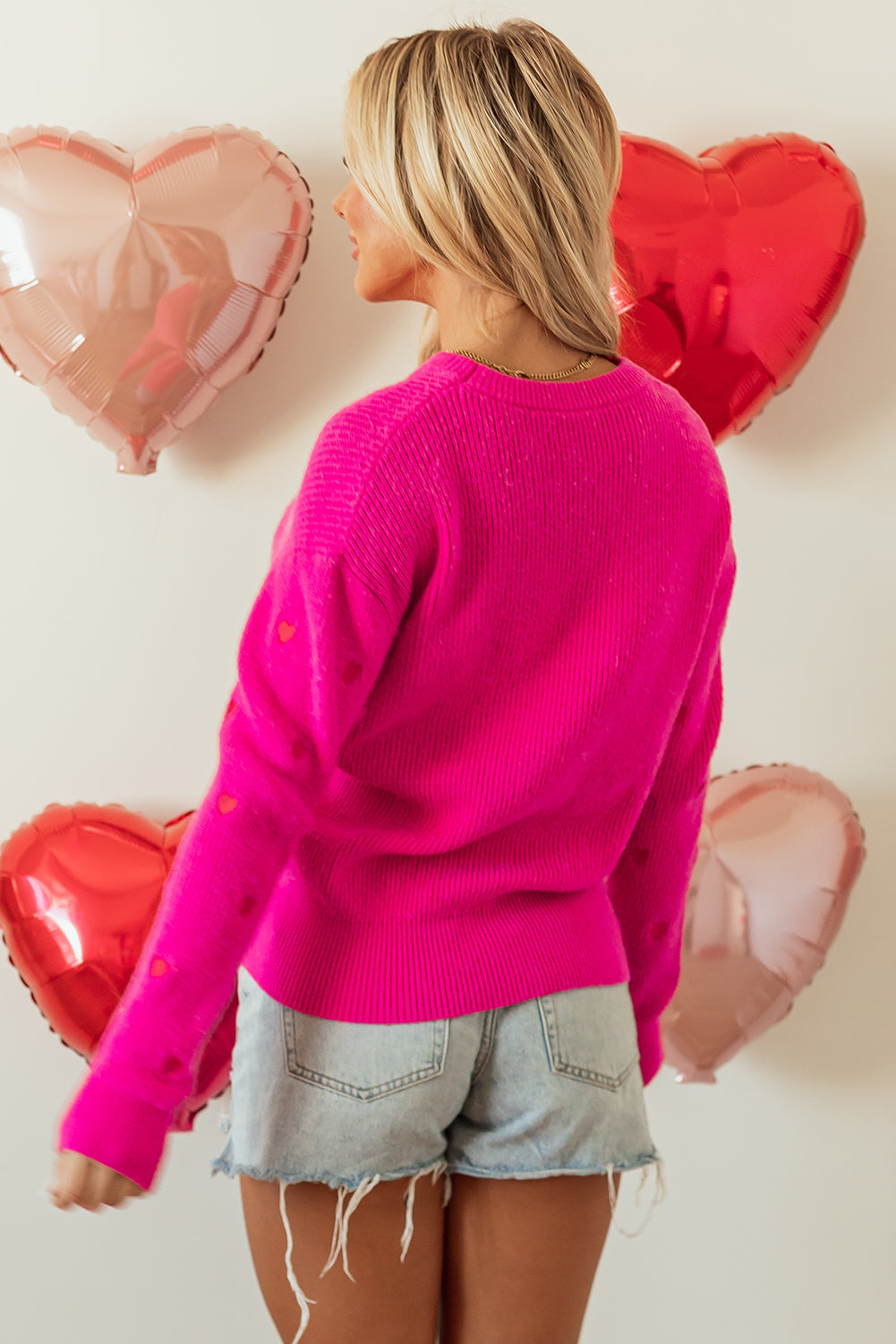 Rose Red Heart Shape Drop Shoulder Round Neck Sweater eAura