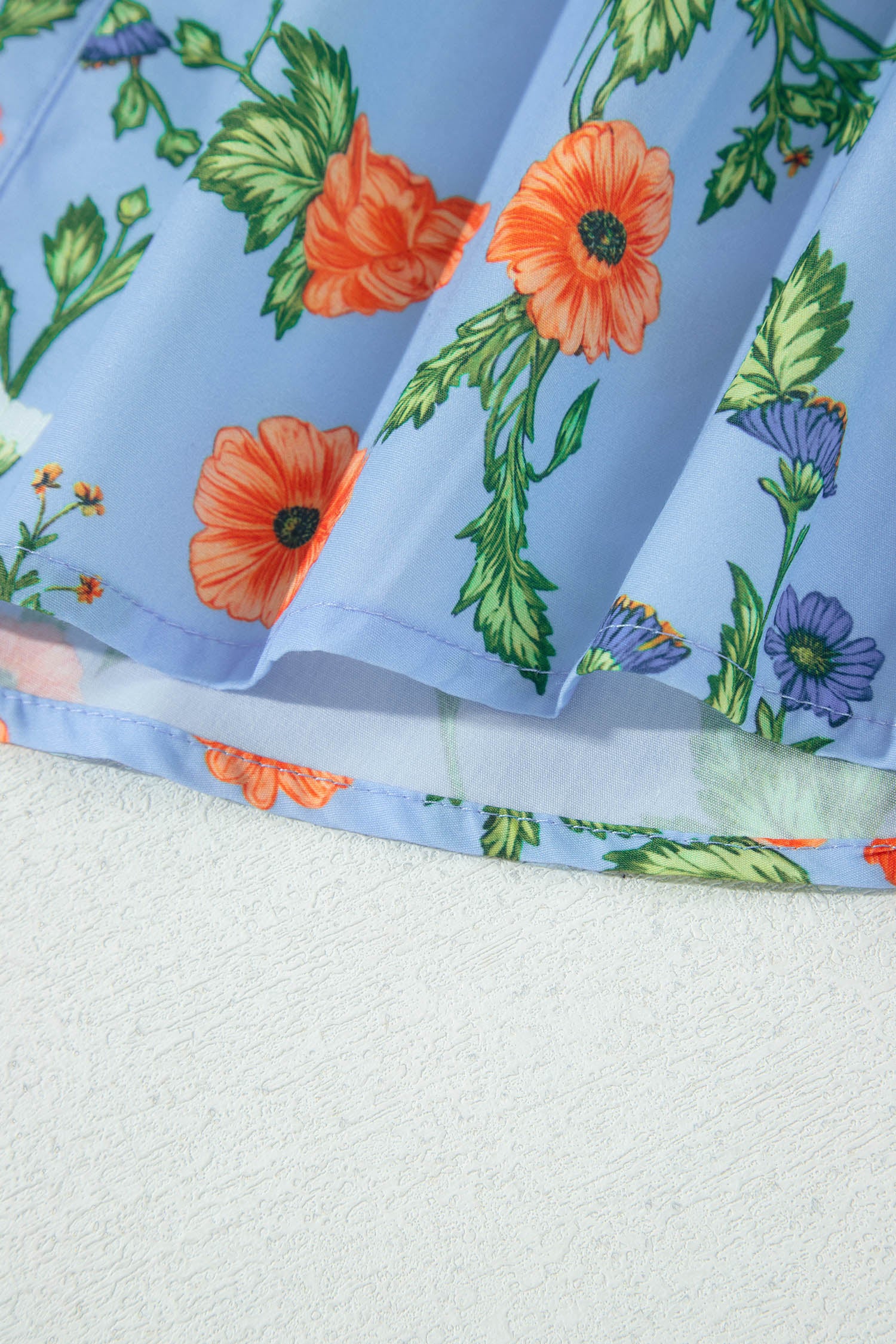 Sky Blue Floral Print Bracelet Sleeve Button Down Casual Shirt – Light Blue