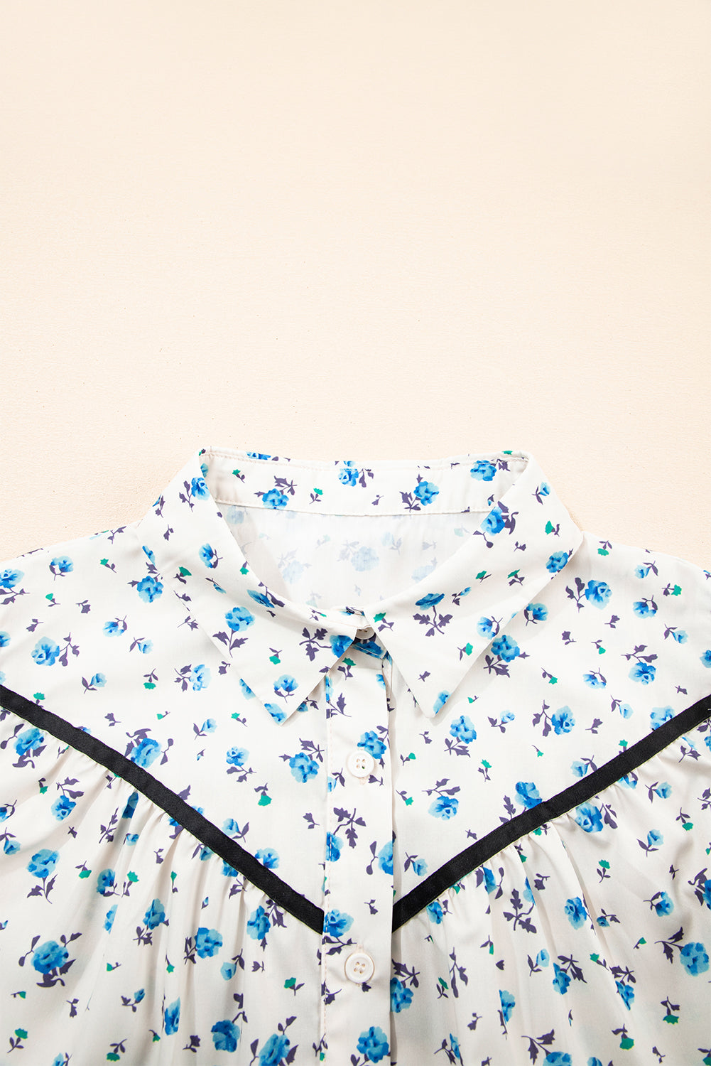 White Contrast Trim Floral Puff Short Sleeve Shirt BB Fashion Outlet