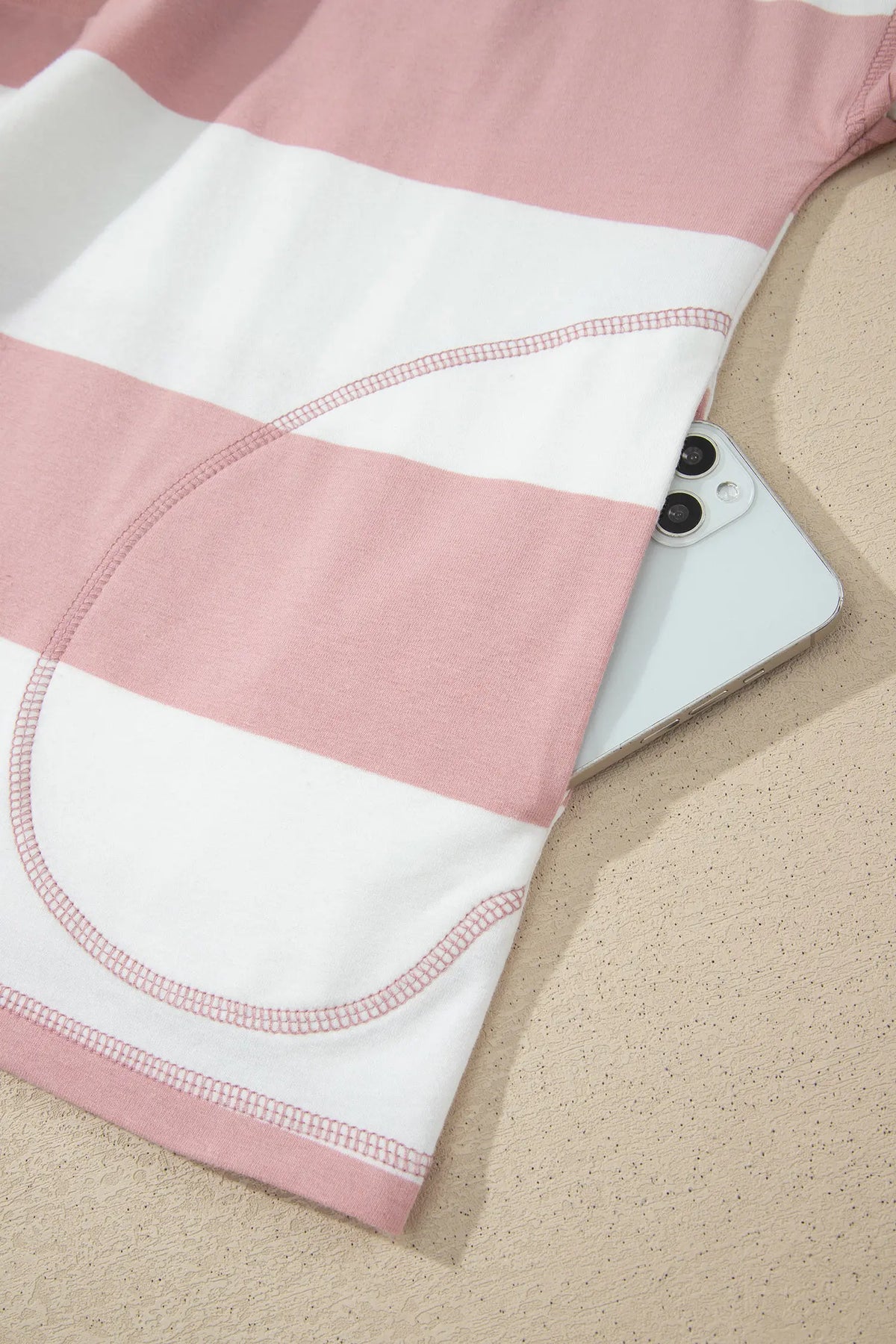 Half Zip Bracelet Sleeve Top Casual Short Set – Pink Stripe