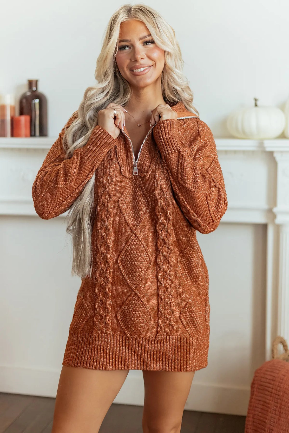 Zip-Up Cable Knit Drop Shoulder Sweater Dress – Clay
