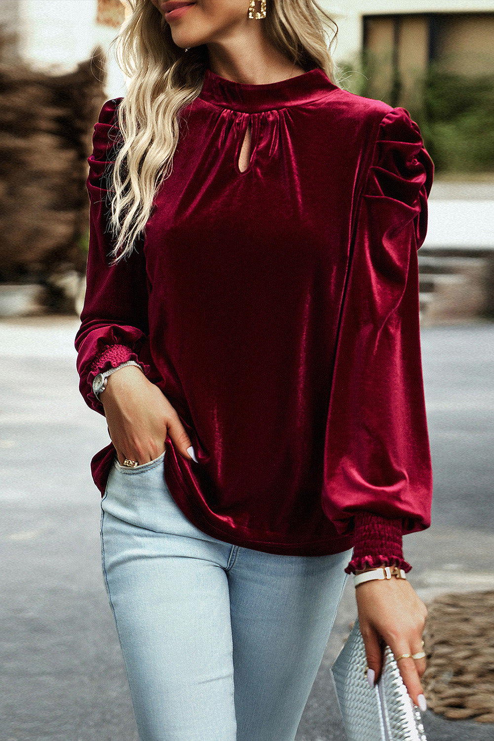 Sky Blue Fiery Mock Neck Puff Sleeve Velvet Blouse Beagle Boutique Fashion Outlet