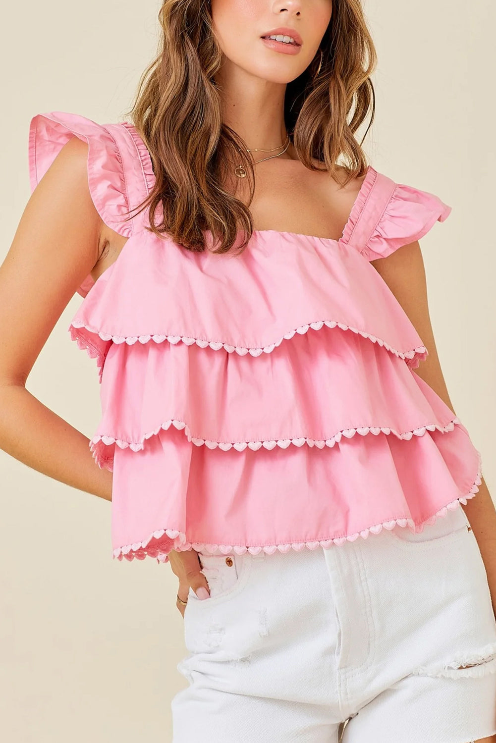 Pink Tiered Heart Trim Square Neck Flutter Top eAura