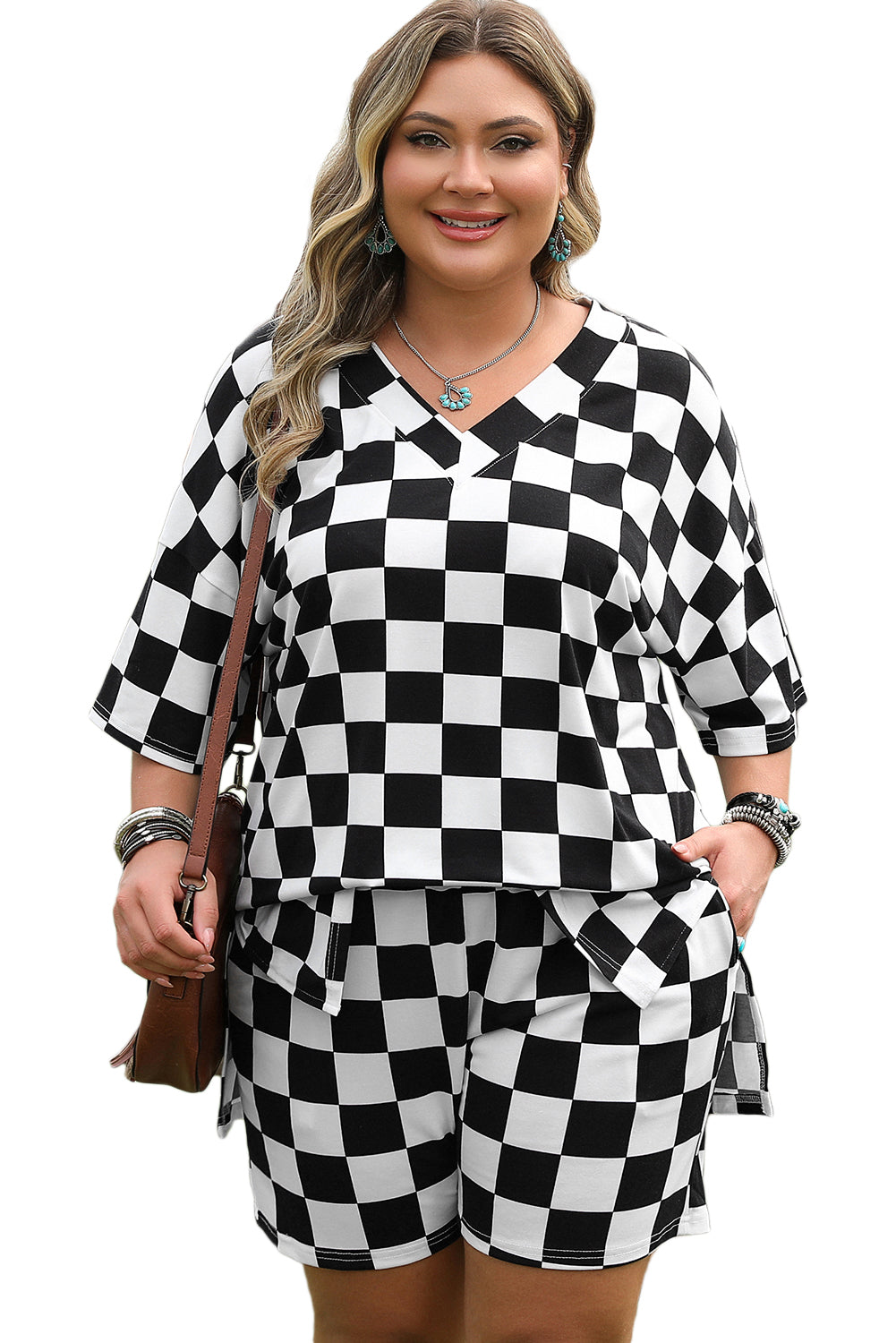 Black Checkered Pattern Tee and Shorts Plus Size Two Piece Set BB Fashion Outlet
