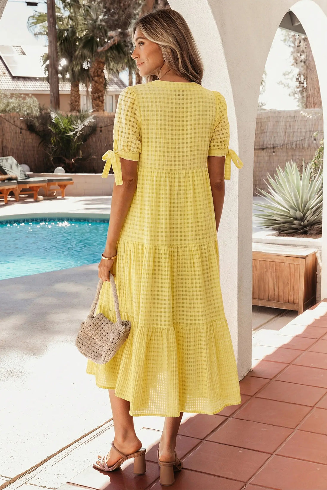 Gingham Textured Bow Tie Sleeve Tiered Midi Dress with Pockets