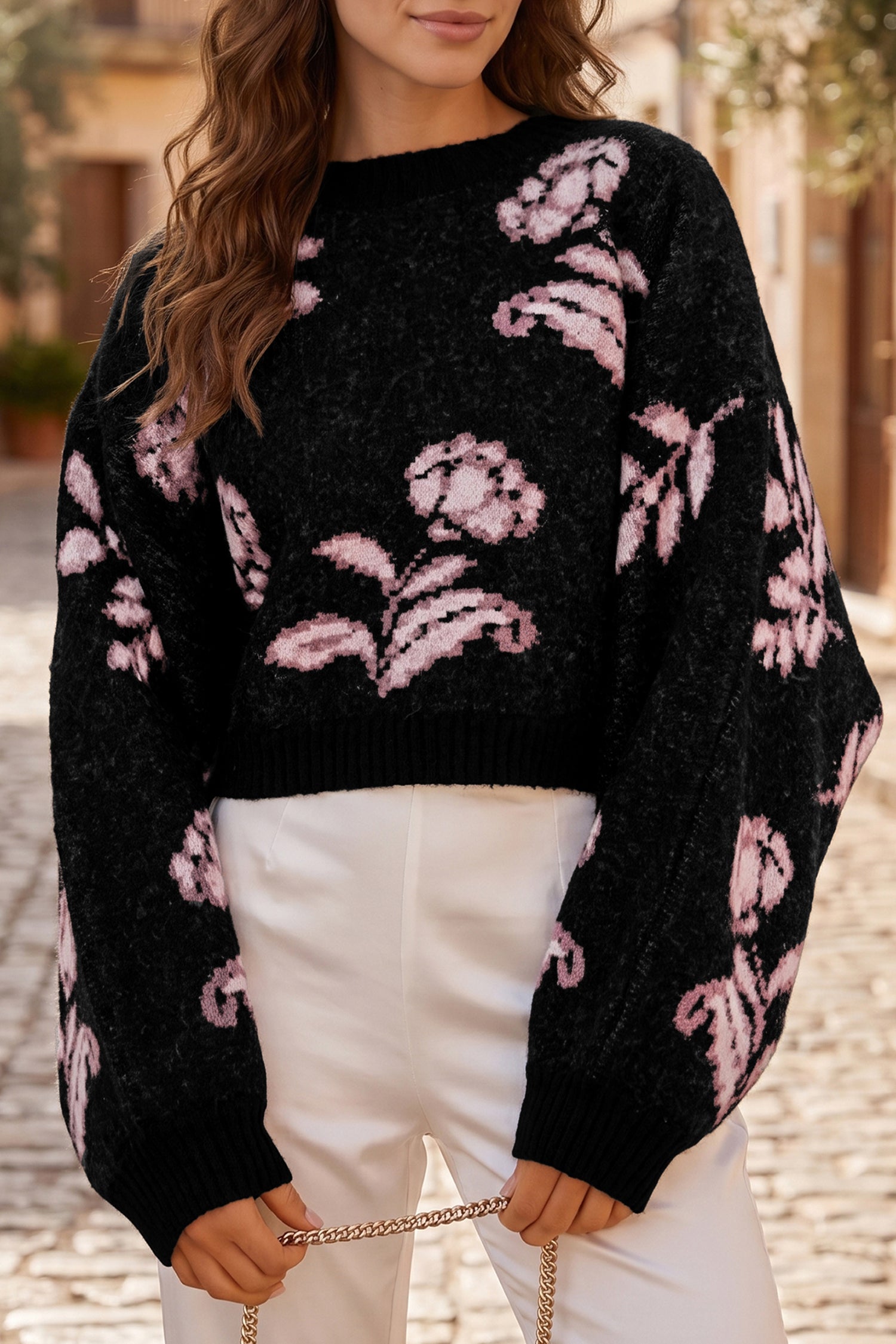 Floral Pattern Puff Sleeve Dropped Shoulder Pullover Sweater – Black