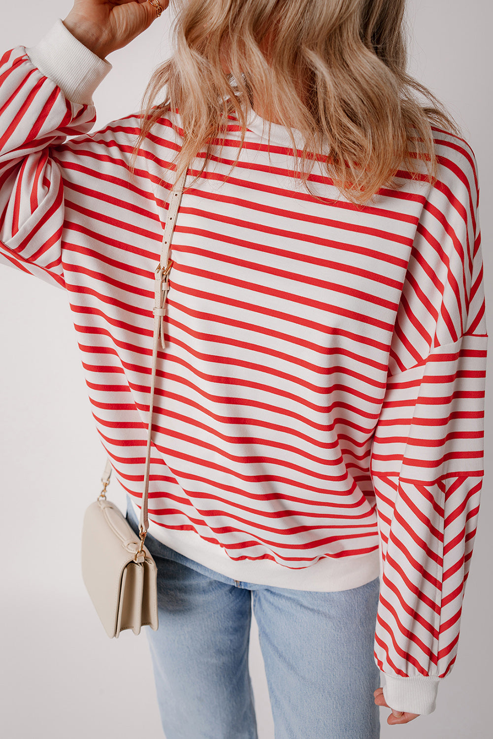 Orange Stripe Drop Shoulder Crew Neck Loose Sweatshirt eAura