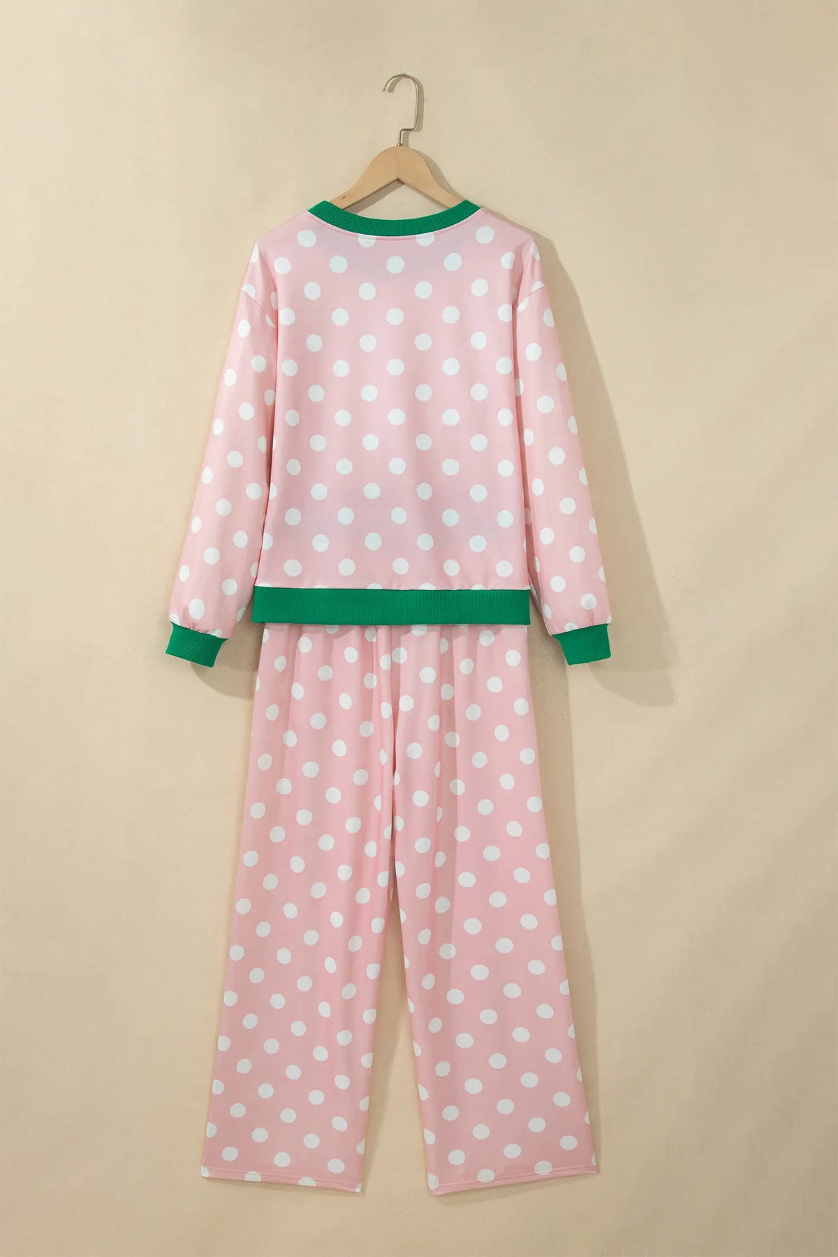 Polka Dot Contrast Trim Long Sleeve Top Drawstring Shift Pants Set – Pink