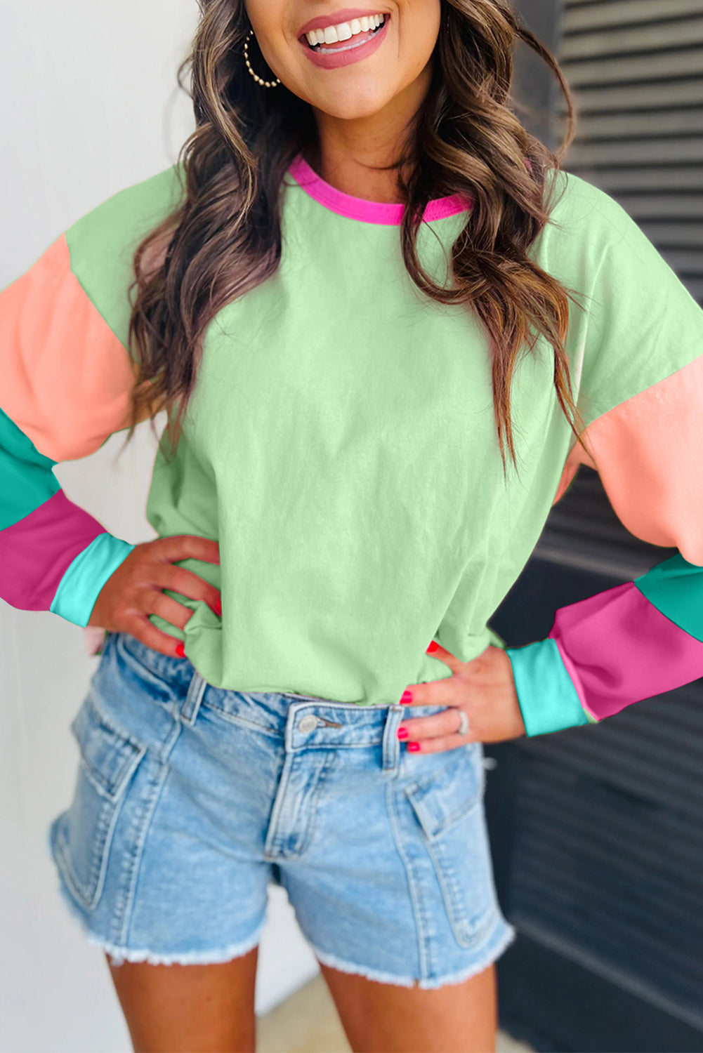 Dark Blue Colourblock Patchwork Long Sleeve Loose Top eAura