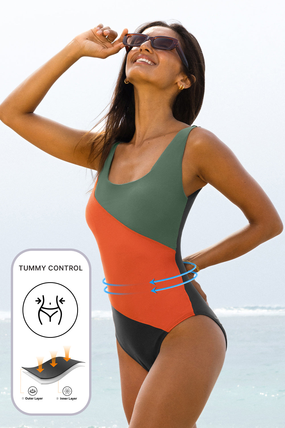 Duffel Green Colour Block Padded Square Neck One Piece Swimsuit eAura
