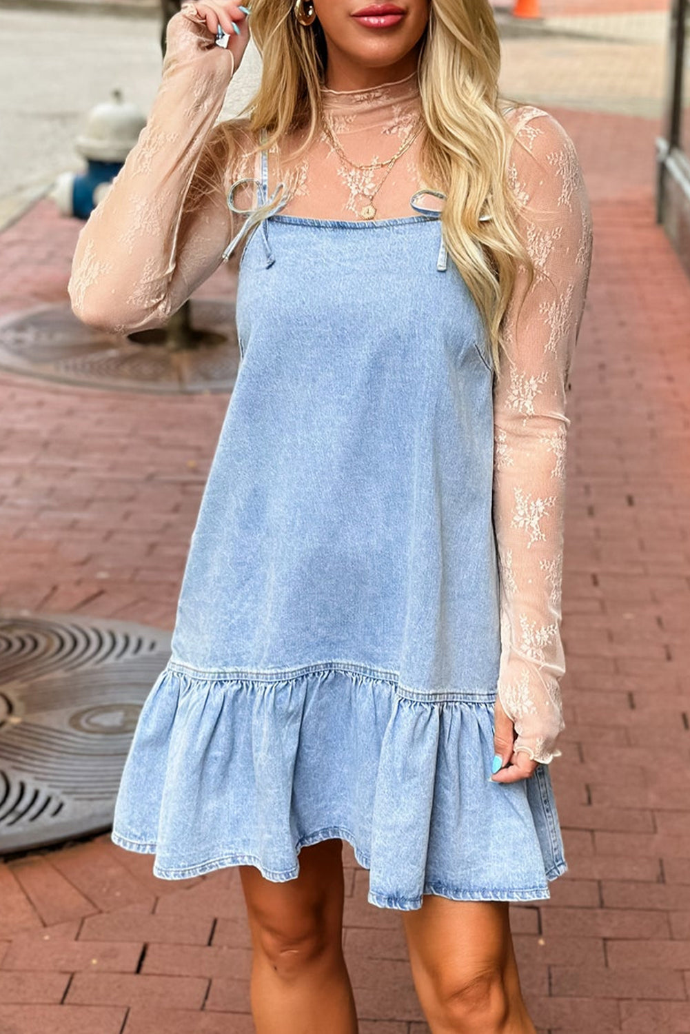 Beau Blue Bow Detail Spaghetti Straps Ruffle Hem Denim Short Dress eAura
