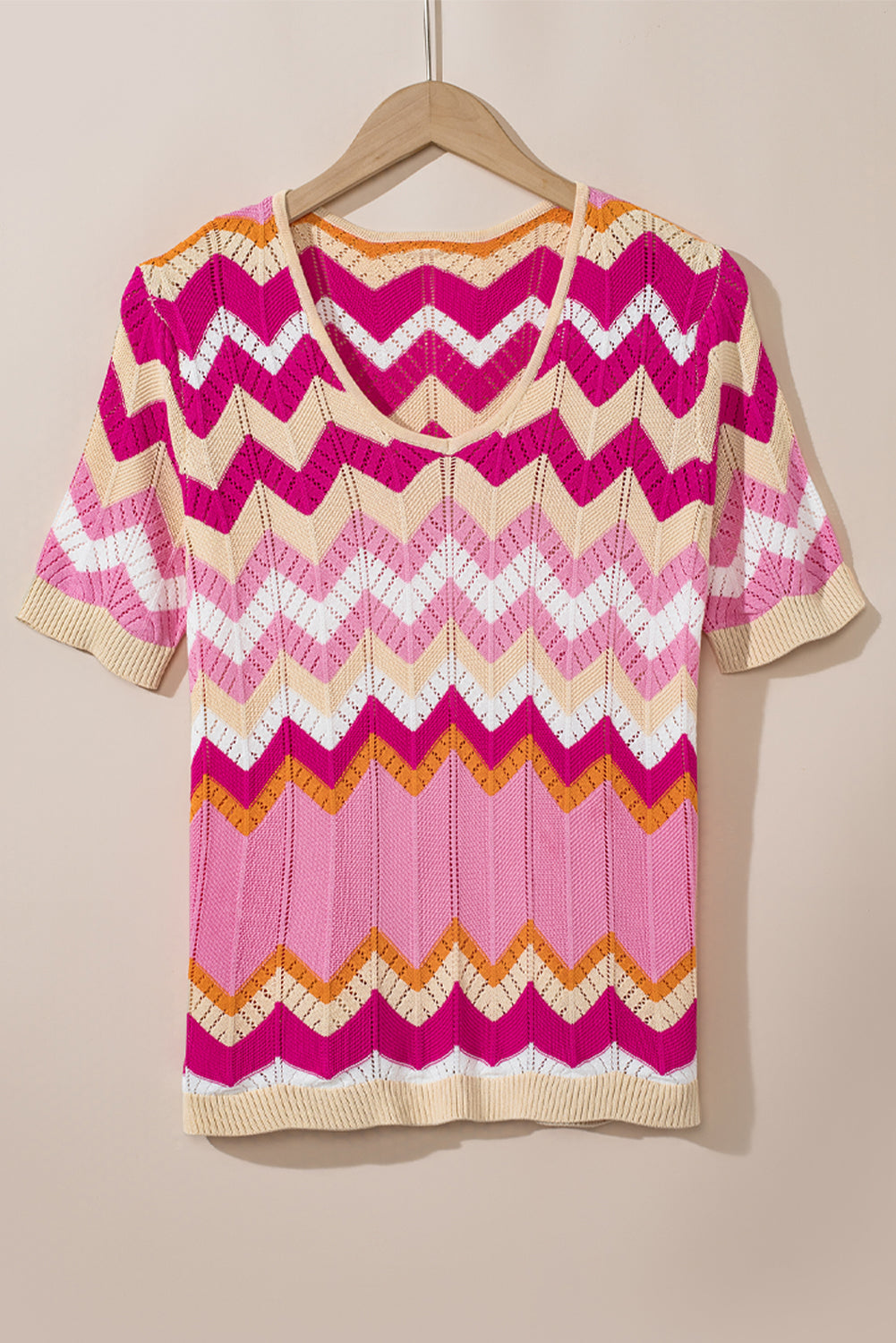 Pink Stripe Chevron Pointelle Knit V Neck Short Sleeve Sweater eAura