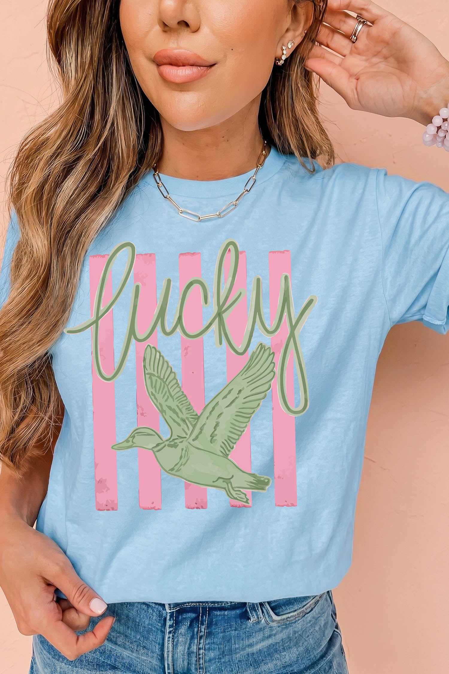 Lucky Duck Print Casual Round Neck T Shirt – Light Blue