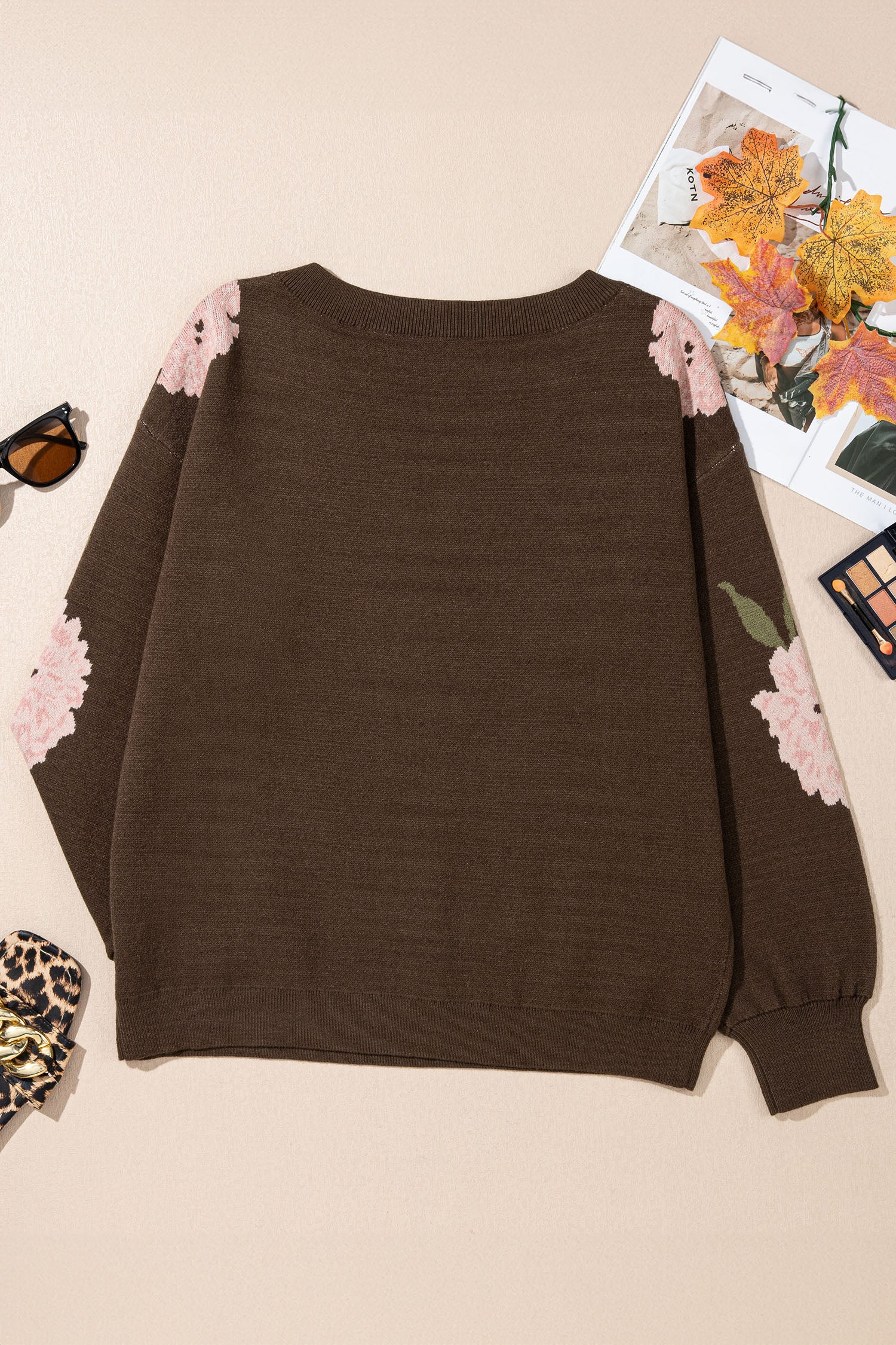 Floral Print Drop Shoulder Relaxed Pullover Sweater – Dark Brown