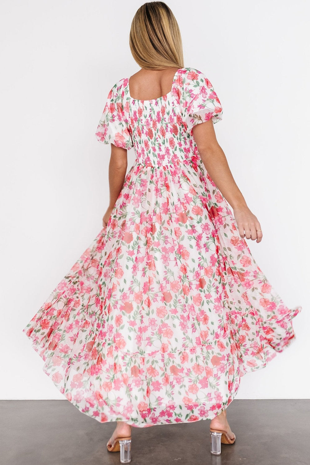 Pink Plus Size Floral Square Neck Puff Sleeve Ruffle Maxi Dress BB Fashion Outlet