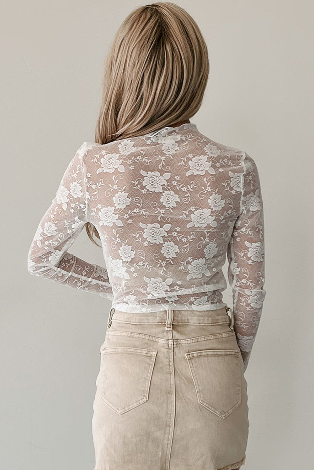 Sheer Floral Lace Mesh Mock Neck Long Sleeve Top - eAura