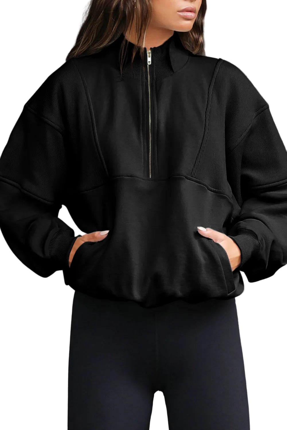 Half Zip Stand Collar Exposed Seam Sweatshirt - Black / S - Tops/Sweatshirts & Hoodies
