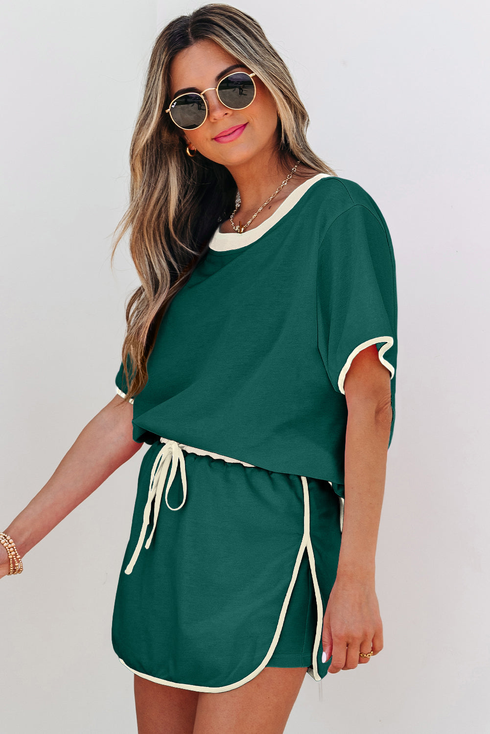 Evergreen Colourblock Edge Drop Shoulder T Shirt and Skirt 2Pcs Set Co-ord eAura
