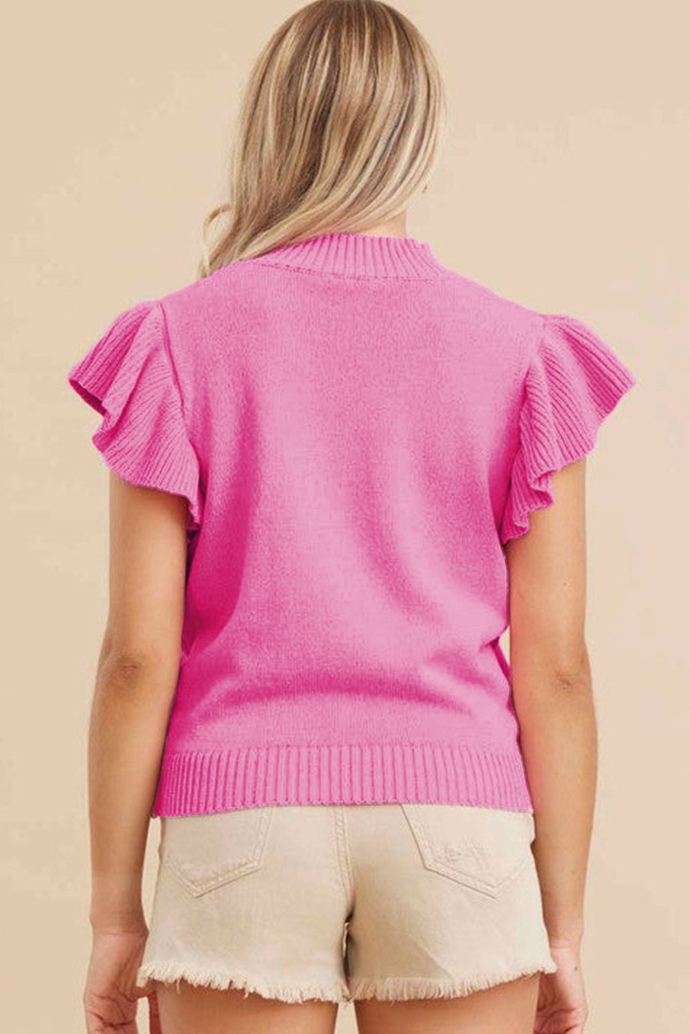Bonbon Ribbed Mock Neck Ruffled Short Sleeve Sweater eAura