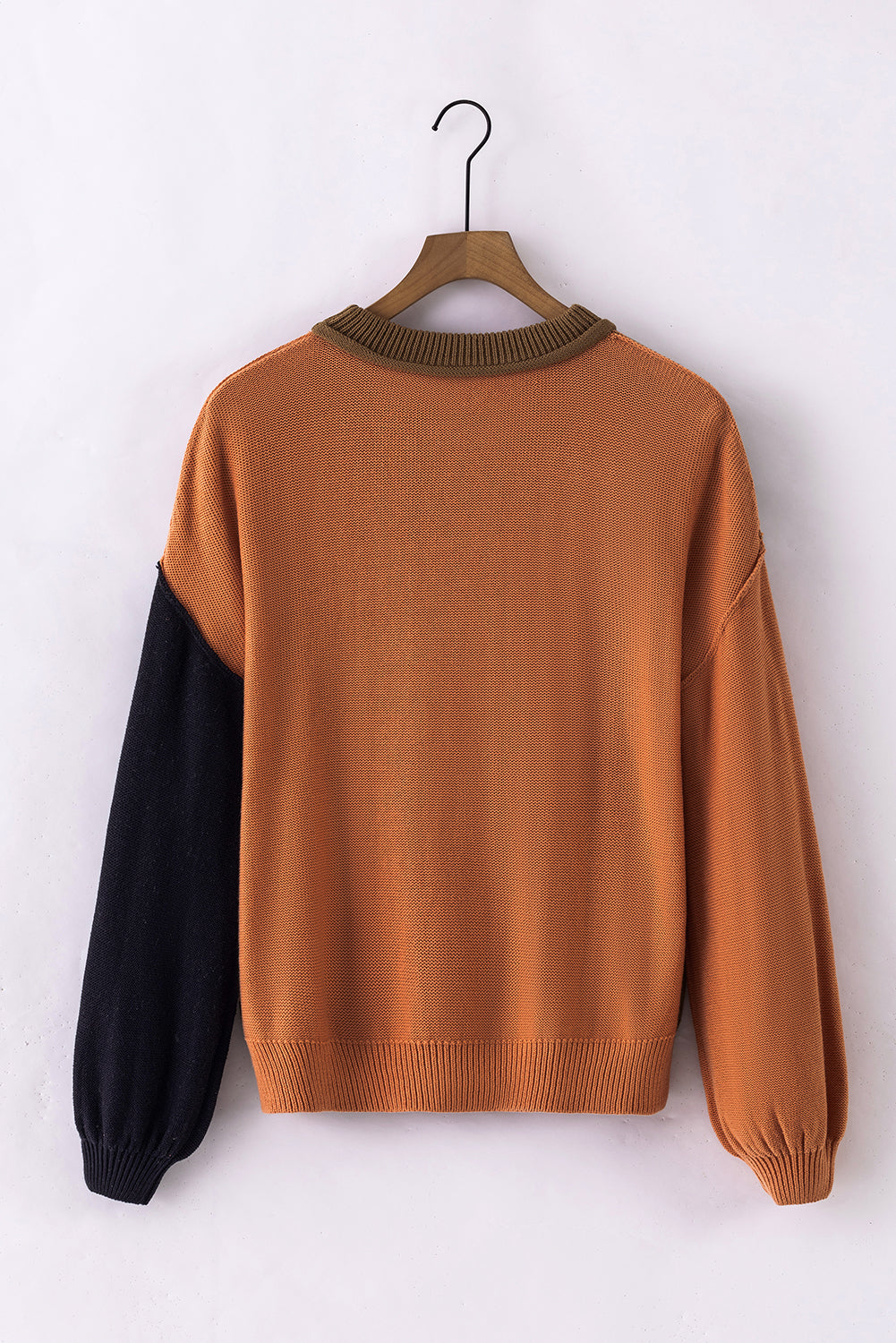 Pink Colourblock Bishop Sleeve Ribbed Trim Sweater eAura