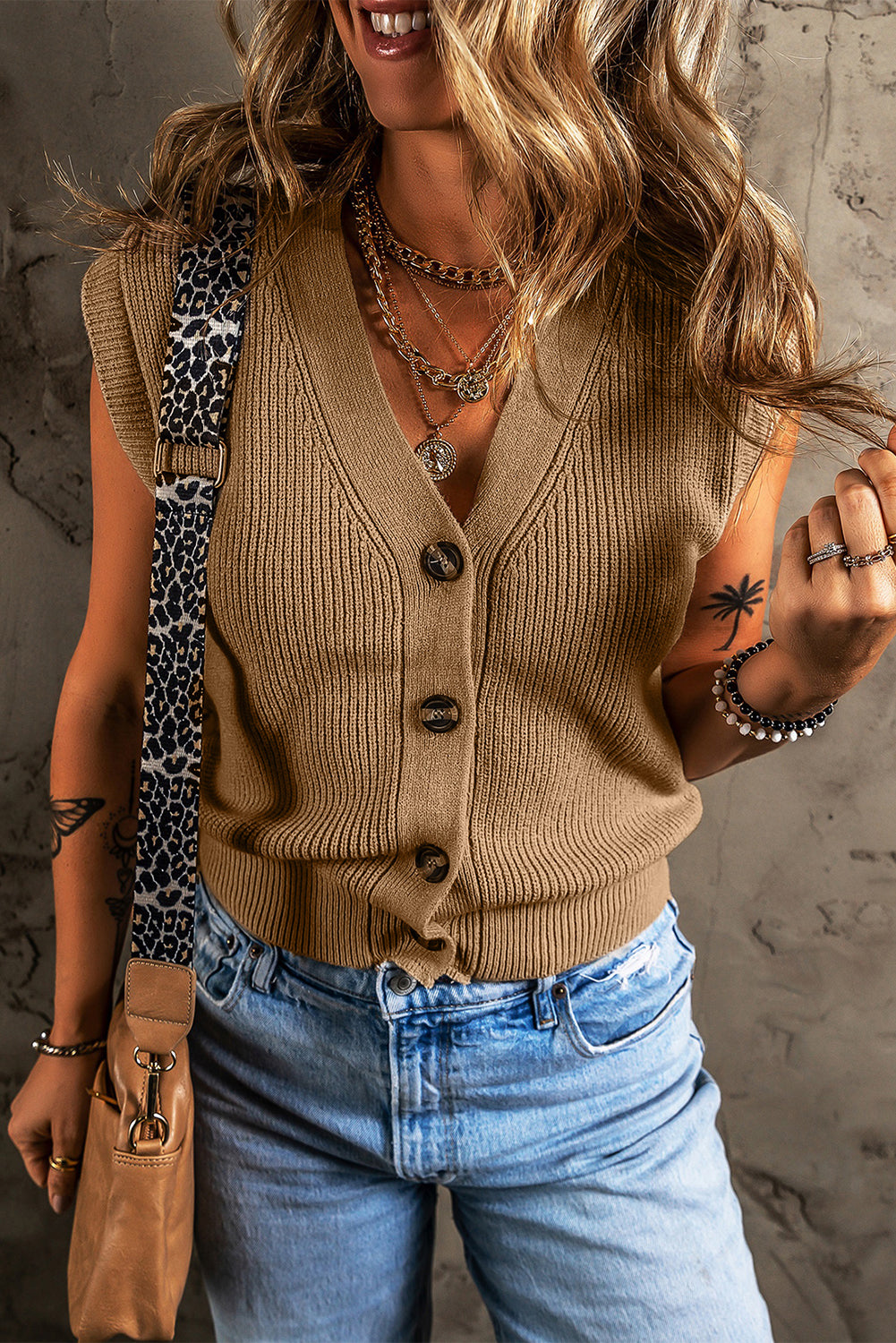 Parchment V Neck Buttoned Front Sweater Vest eAura