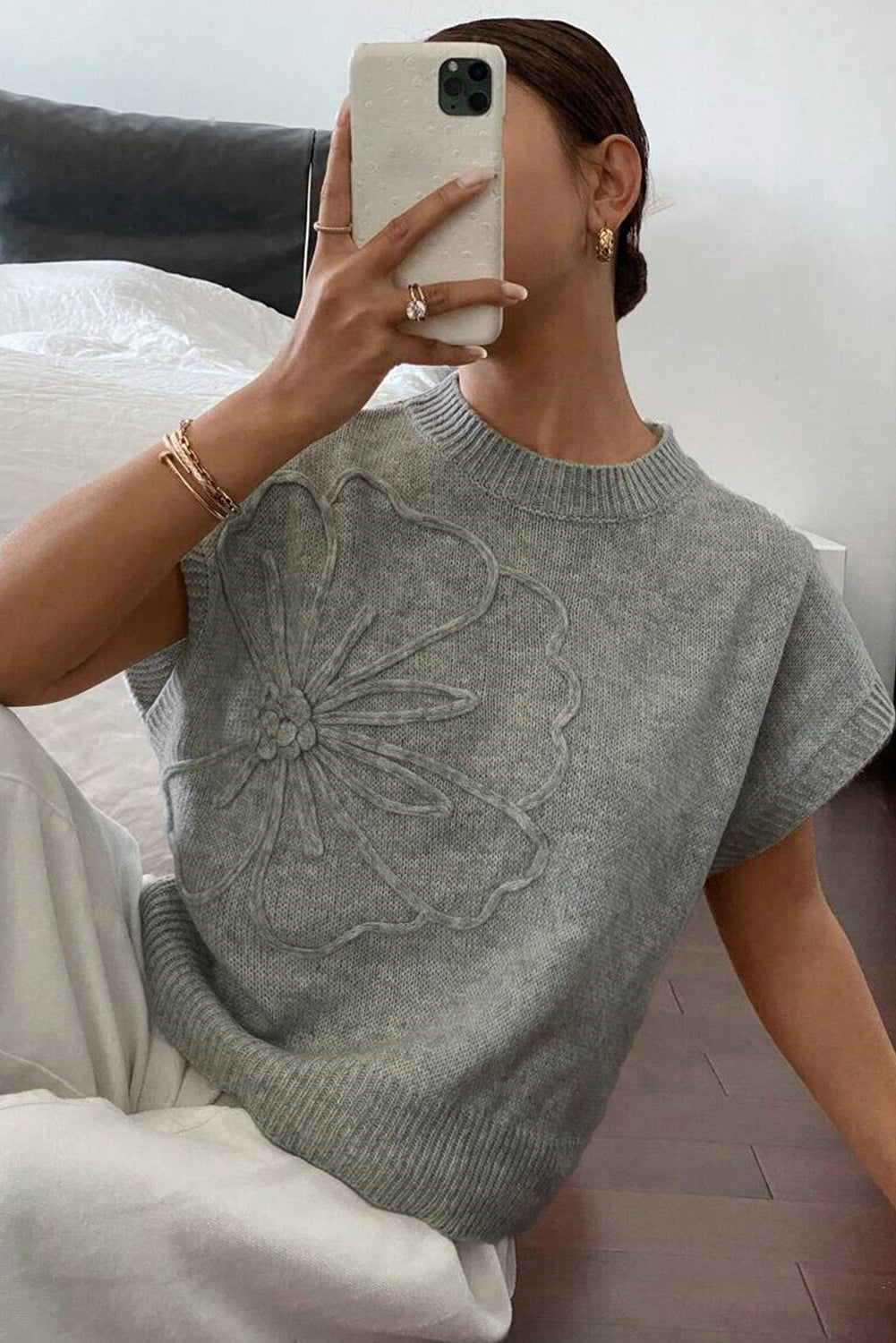 High Flower Pattern Ribbed Trim Short Sleeve Boxy Sweater eAura