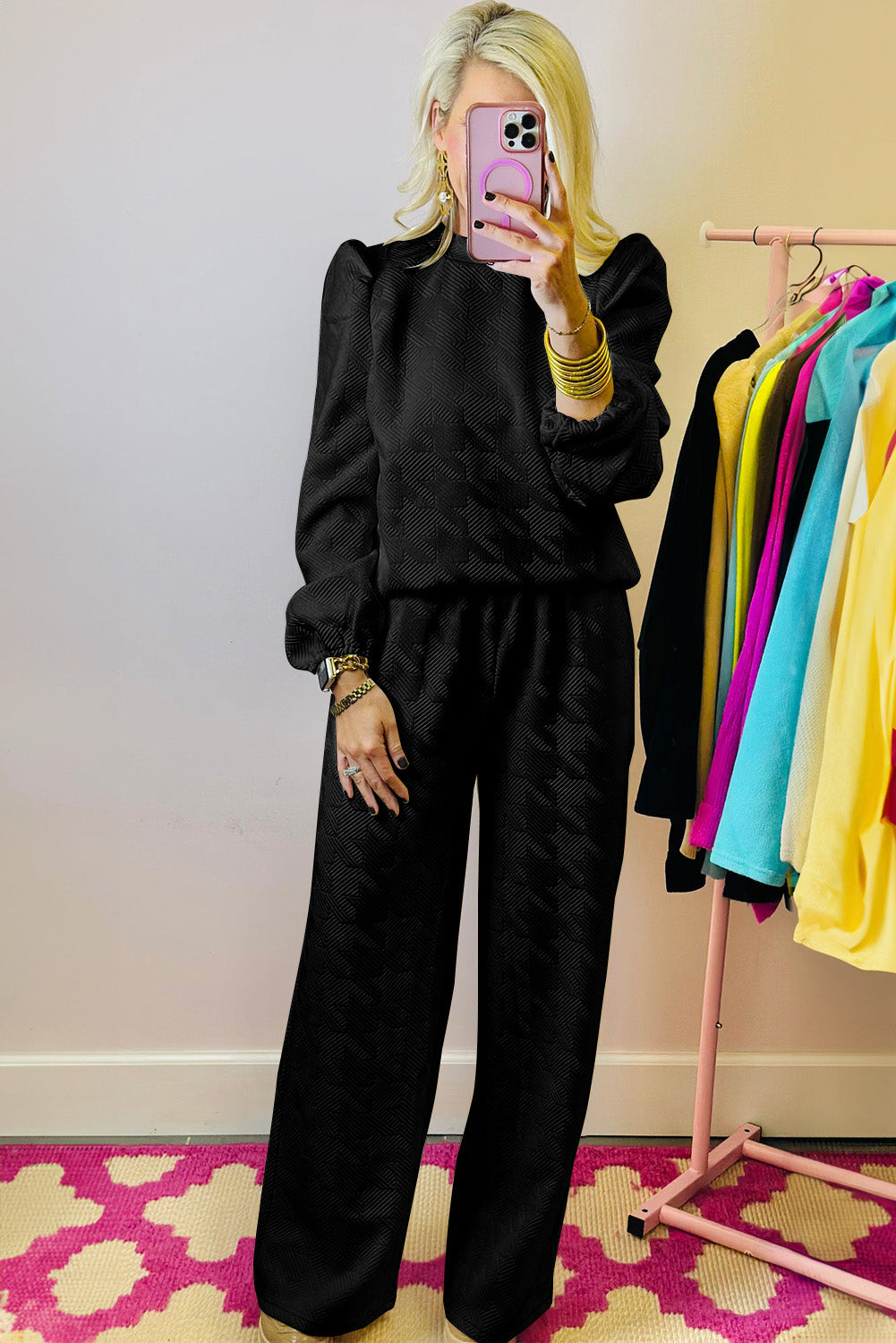 Black Textured Puff Sleeve Top and Trousers Set eAura