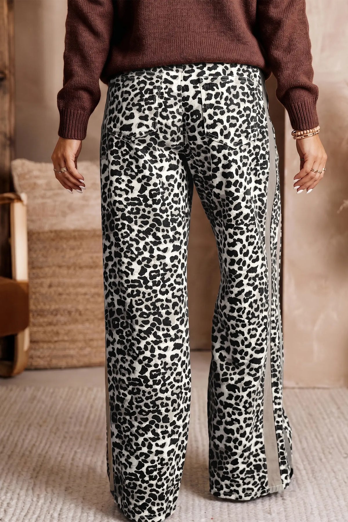 Leopard Print Drawstring Waist Straight Leg Jeans – Khaki