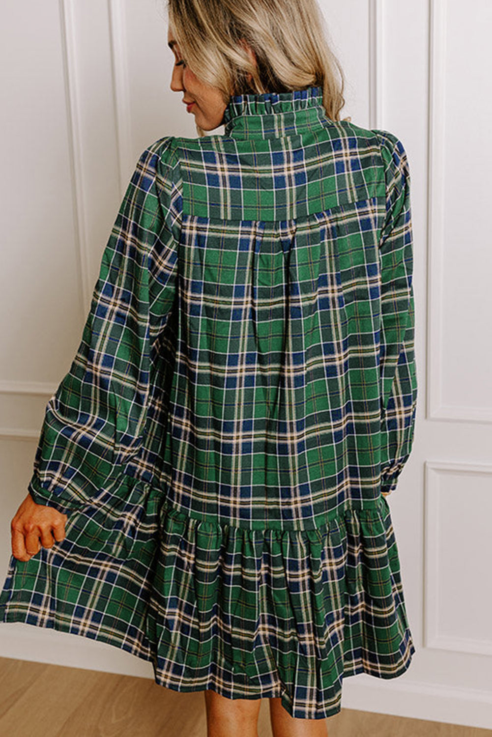 Green Plaid Print Frilly Collar Long Sleeve Shift Mini Dress eAura