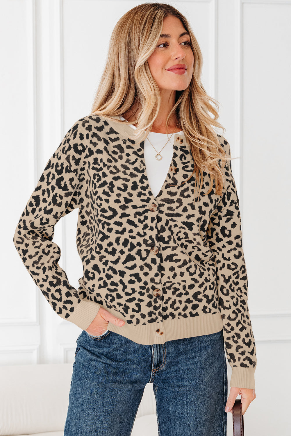 Leopard Print Drop Shoulder Chunky Knit Cardigan - eAura
