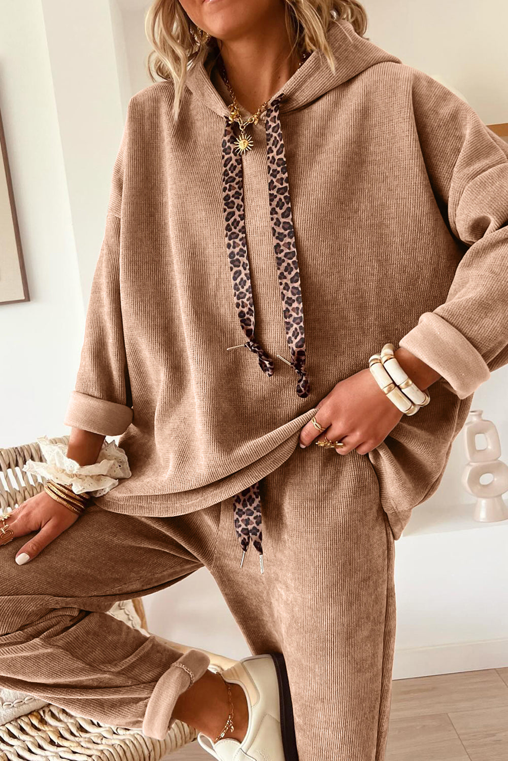 Pullover Hoodie and High Waist Bottoms Soft Cord Co-ord Set - eAura