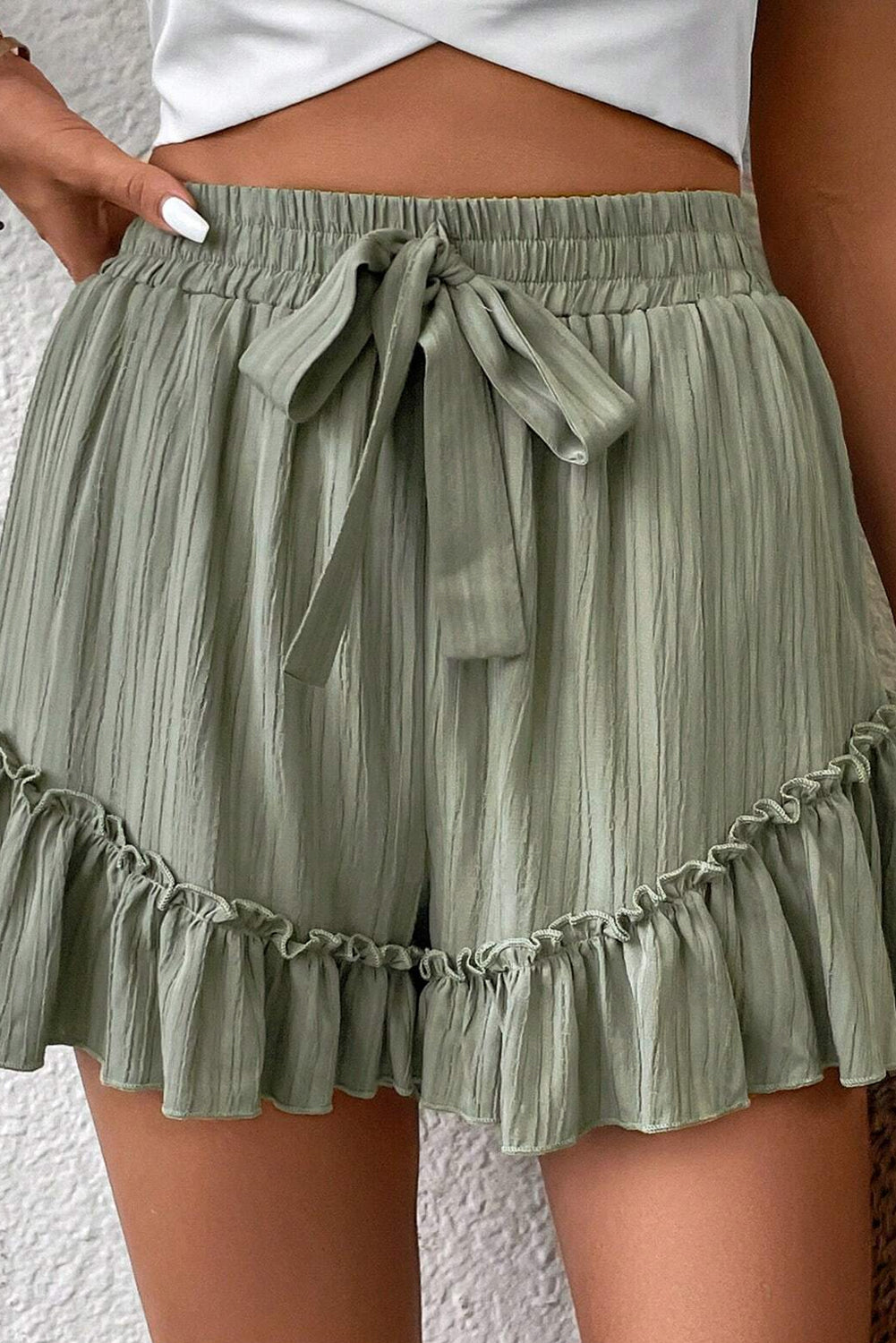 Laurel Green Textured Tie Waist Ruffle Hem Shorts eAura