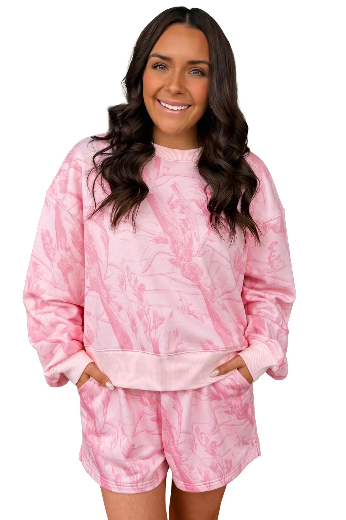 Abstract Print Ribbed Crewneck Long Sleeve Top Elastic Waist Short Set – Pink