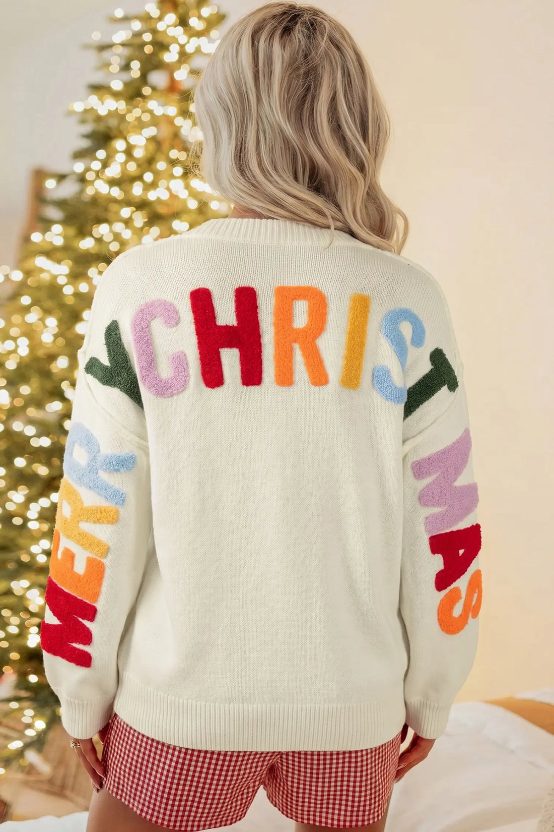 Ho Ho Ho Slogan V Neck Button Front Embroidered Knit Cardigan