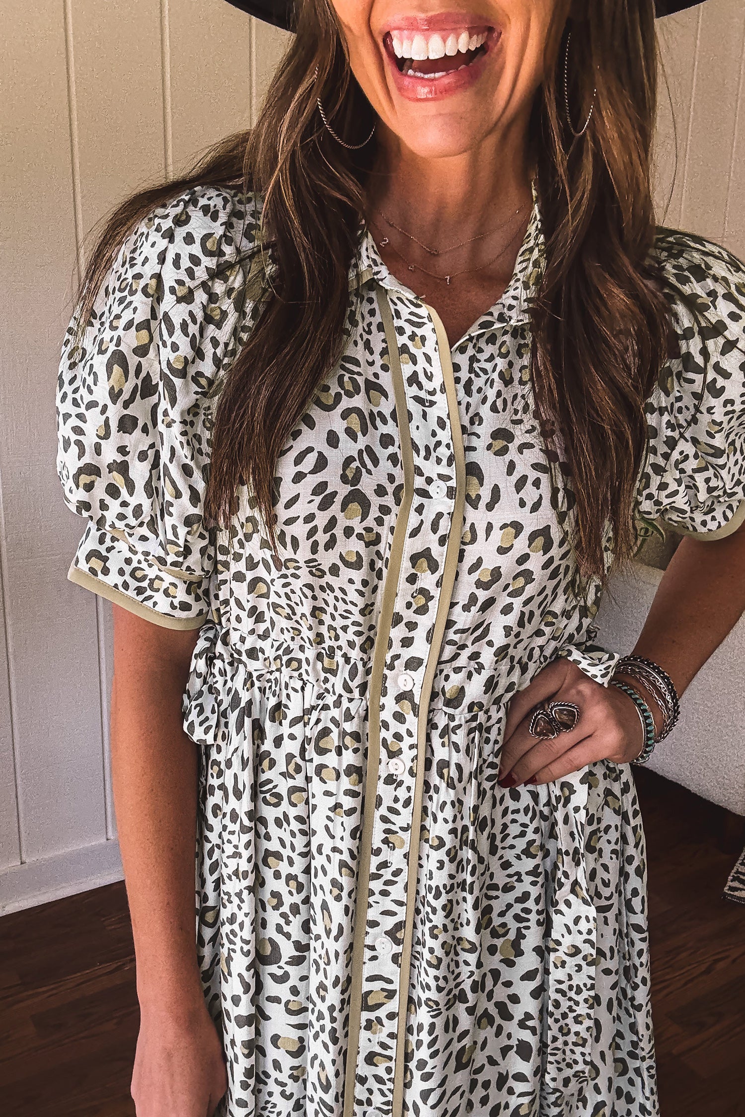 Leopard Print Puff Sleeve Maxi Dress – White