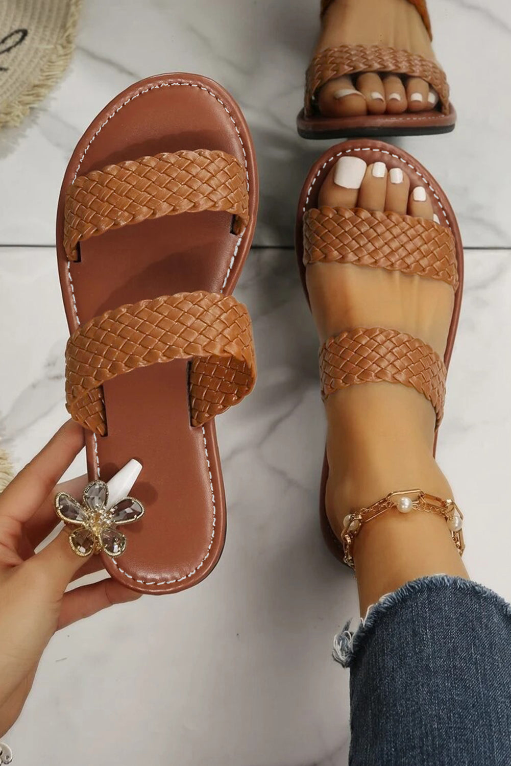 Chestnut Braided Double Band Leathered Flat Sandals Beagle Boutique Fashion Outlet