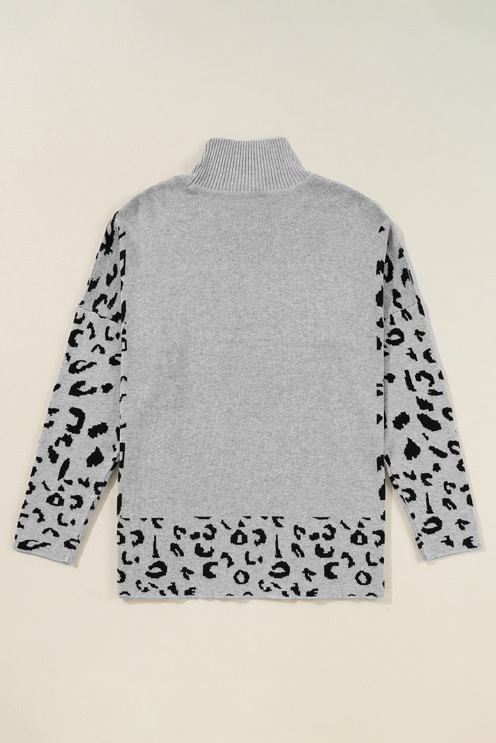 Grey Leopard High Neck Side Slit Oversized Sweater eAura