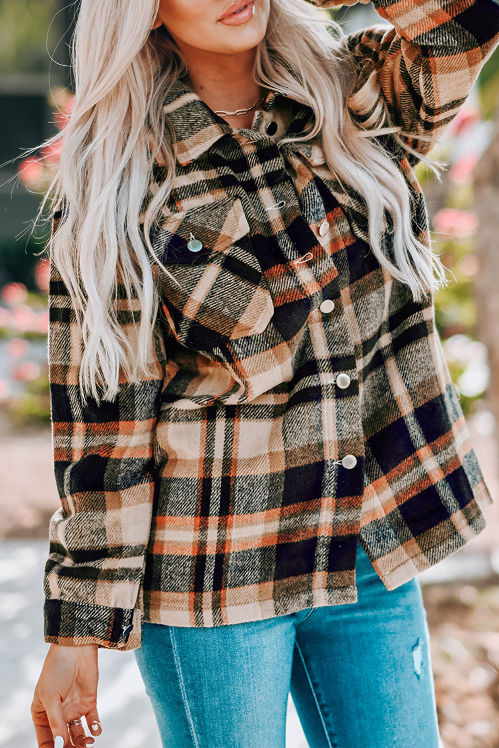 Geometric Plaid Print Pocketed Shacket eAura